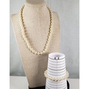 Vintage Knotted Faux Pearl Gold Tone Fish Hook Clasp 17"  Necklace & 7” Bracelet